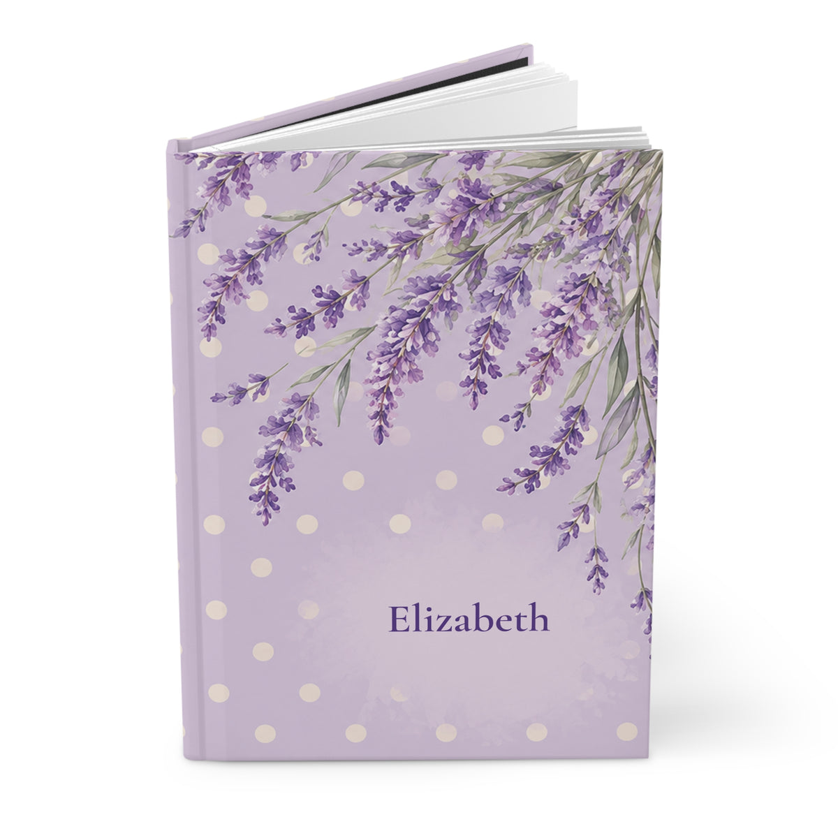 Close-up of the Lavender Fields journal cover showing lavender sprig illustration and personalized name