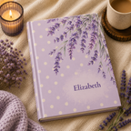 Closed Lavender Fields hardcover journal standing upright showing the spine