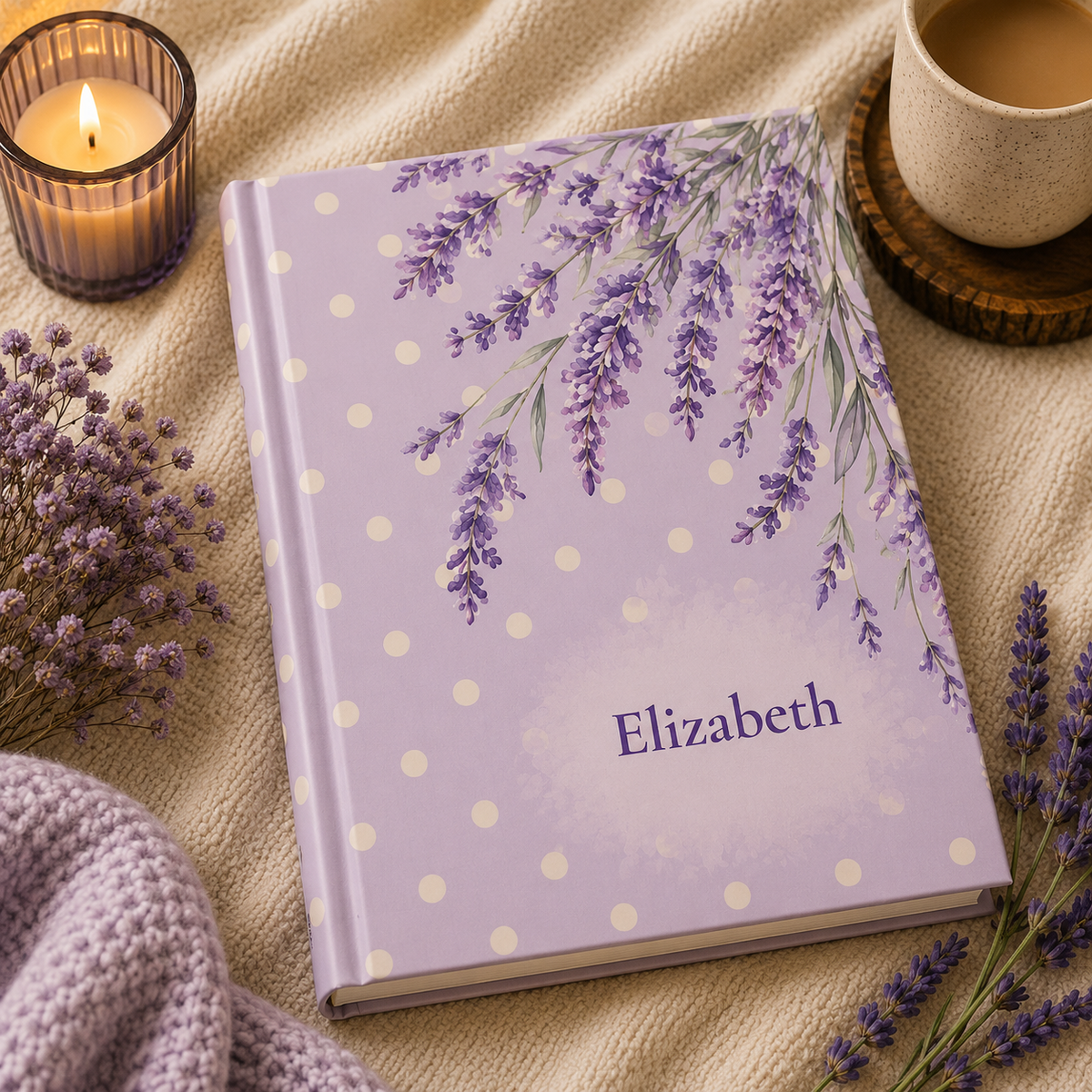 Closed Lavender Fields hardcover journal standing upright showing the spine