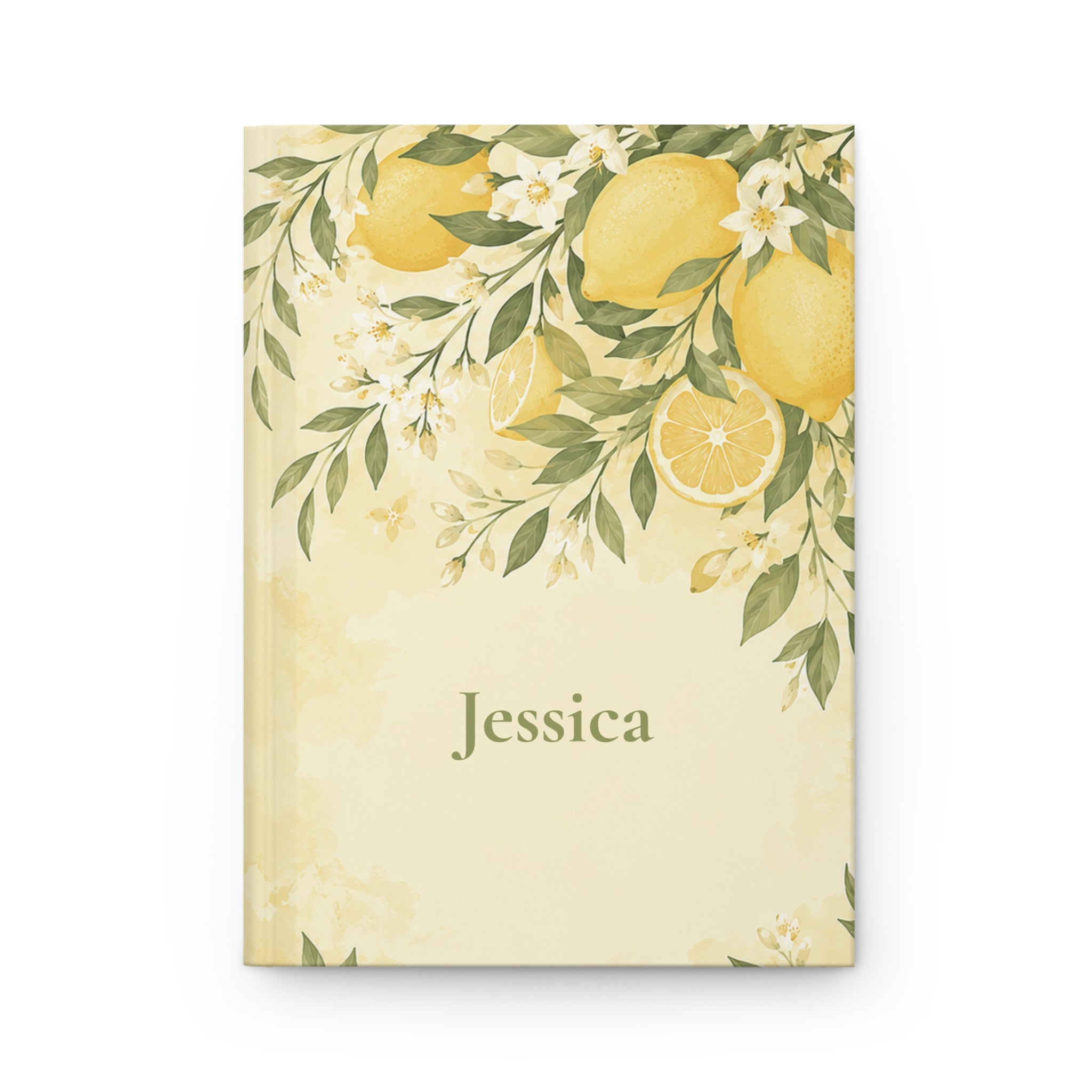 Lemon Blossom personalized journal open flat showing custom name on cover with lemon branch illustration