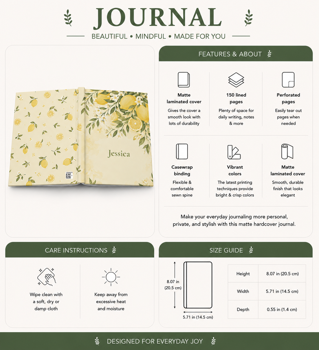 Lemon Blossom personalized journal styled on a kitchen counter with fresh lemons