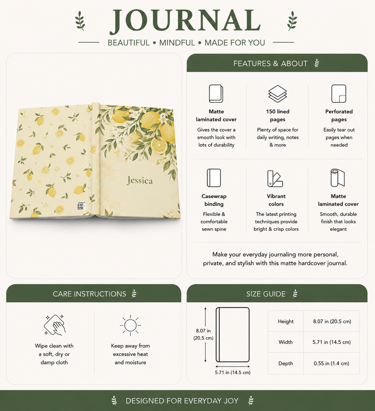 Lemon Blossom personalized journal styled on a kitchen counter with fresh lemons