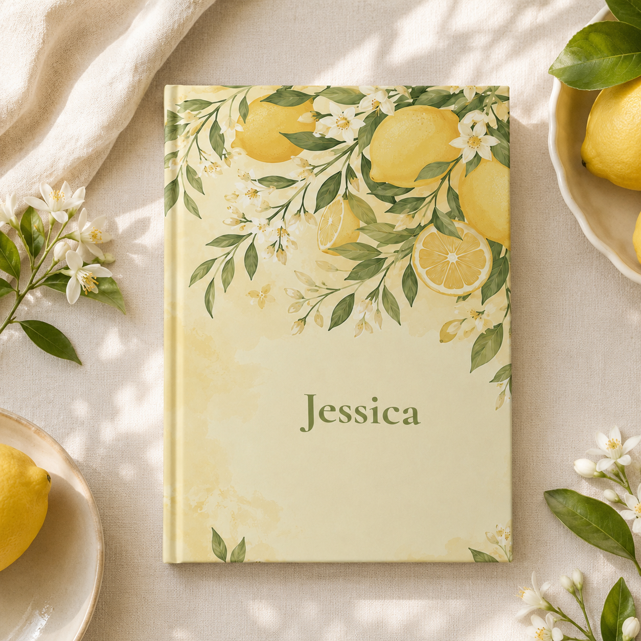 Closed Lemon Blossom hardcover journal standing upright showing the spine