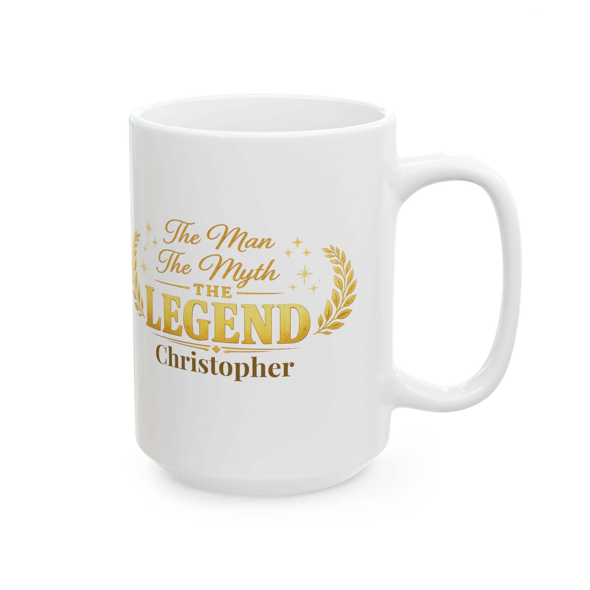 Close-up of gold lettering and laurel wreath on the legend mug