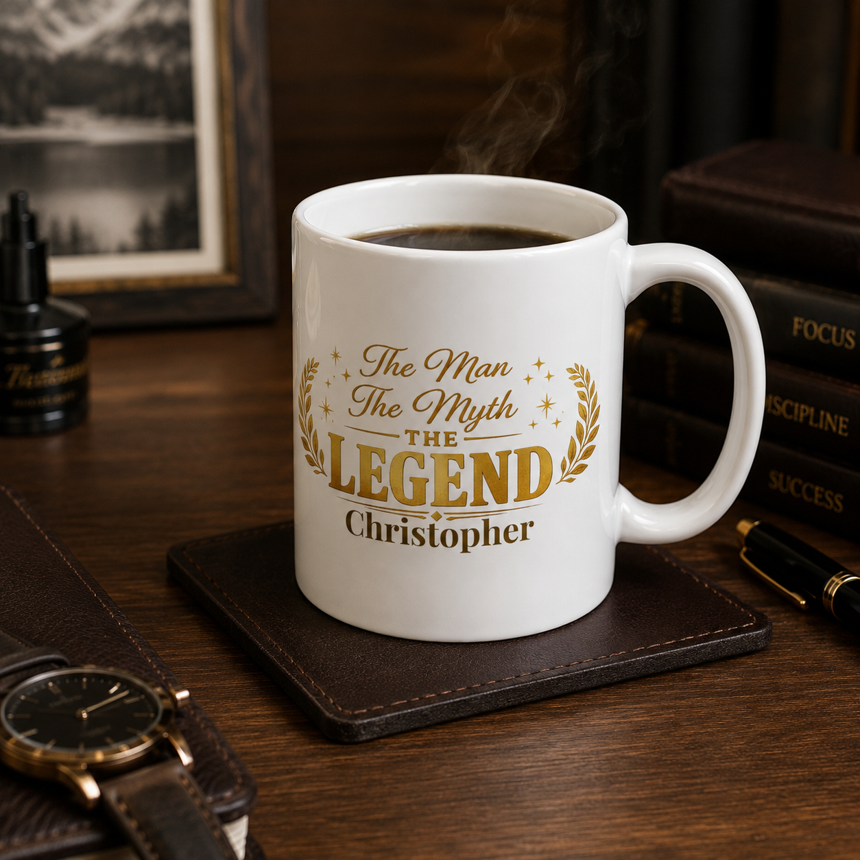 The Man The Myth The Legend mug displayed on a kitchen counter
