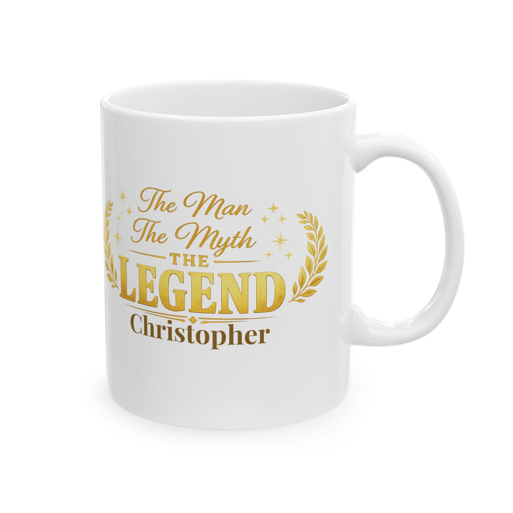 The Man The Myth The Legend personalized mug with gold laurel design and custom name
