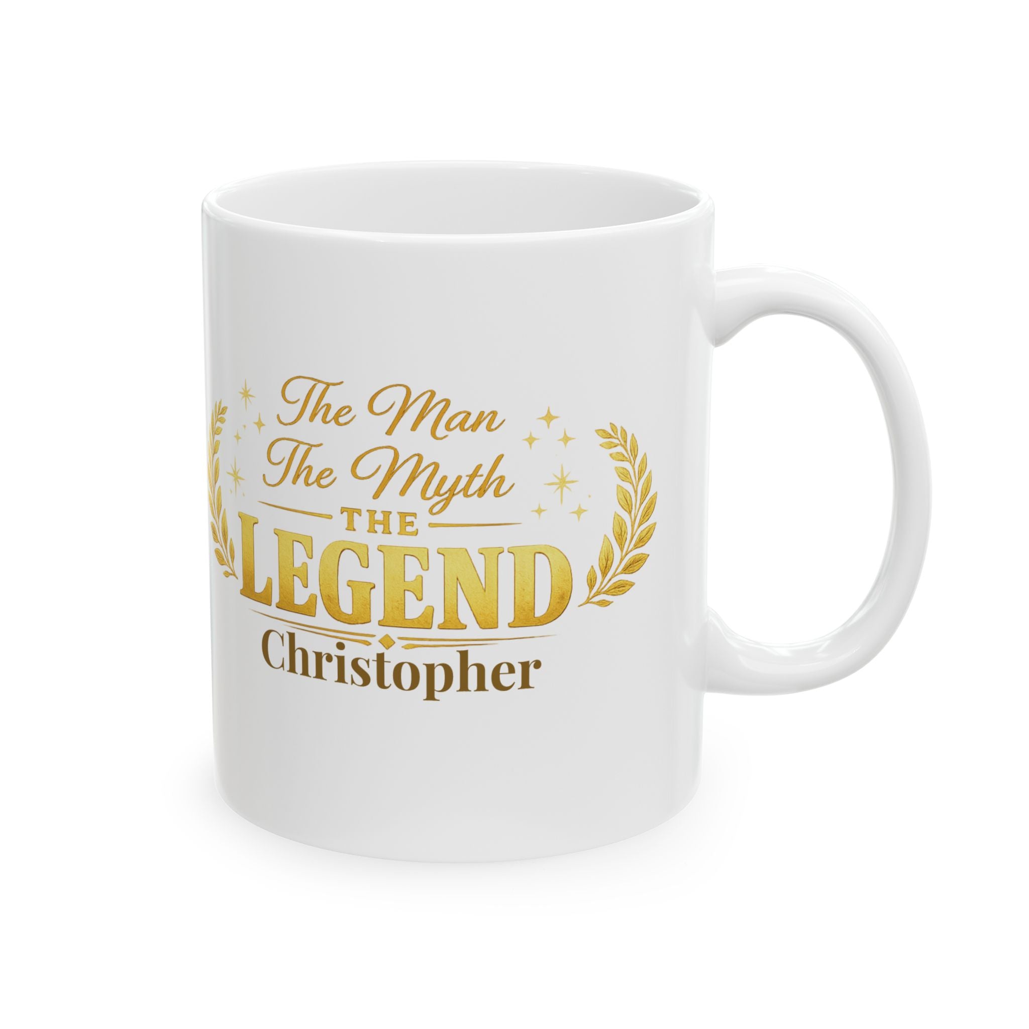 The Man The Myth The Legend personalized mug with gold laurel design and custom name