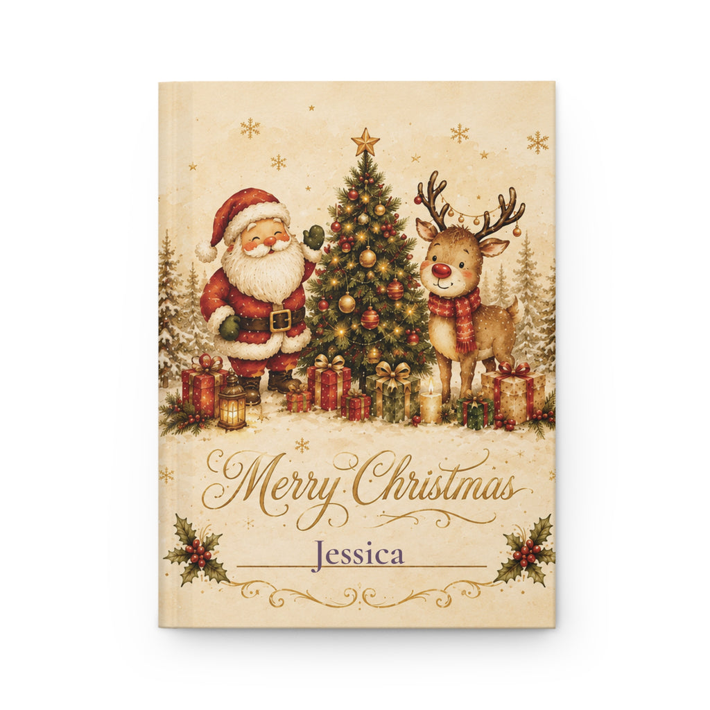 Merry Christmas personalized journal open flat showing custom name on cover with vintage Santa and cabin scene