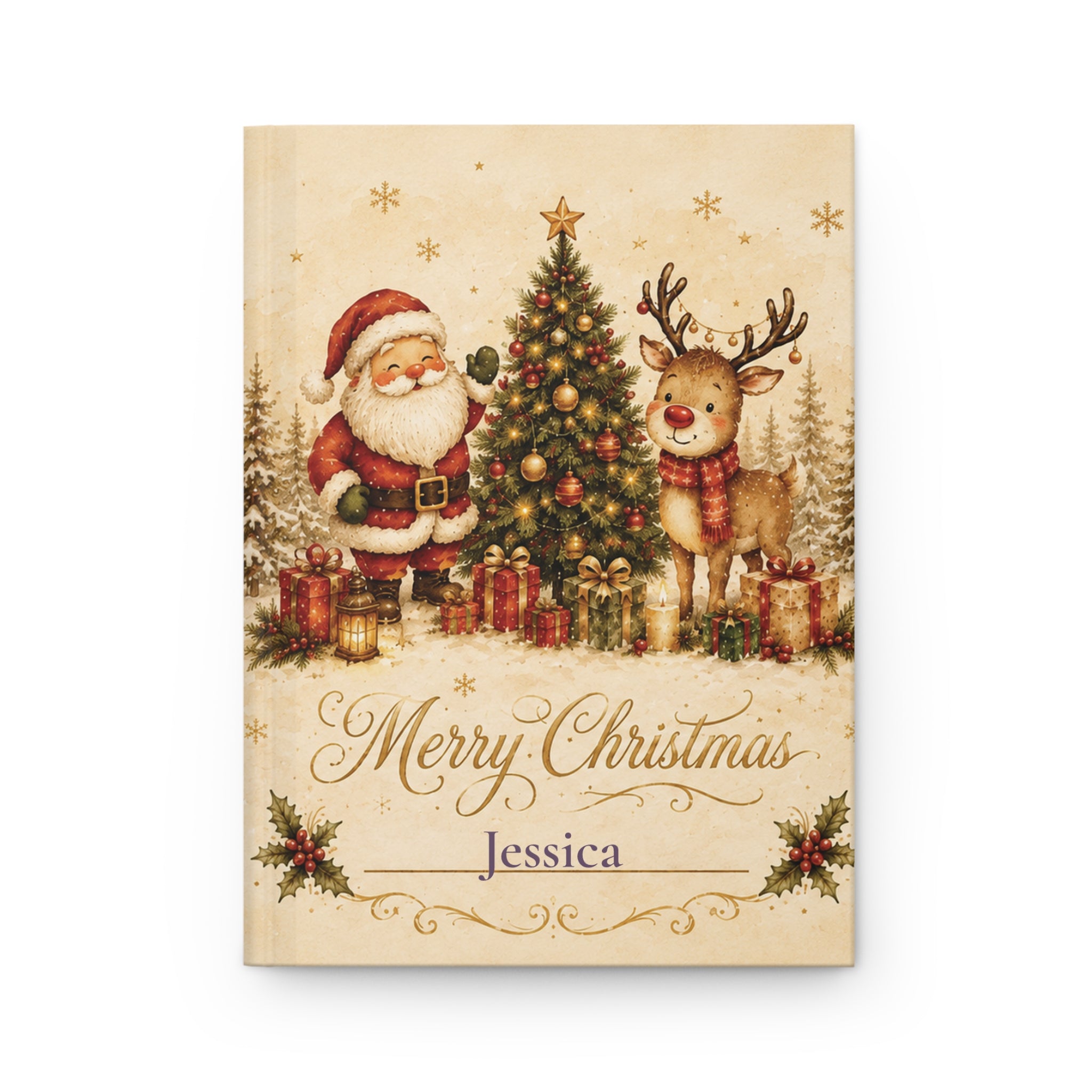 Merry Christmas personalized journal open flat showing custom name on cover with vintage Santa and cabin scene