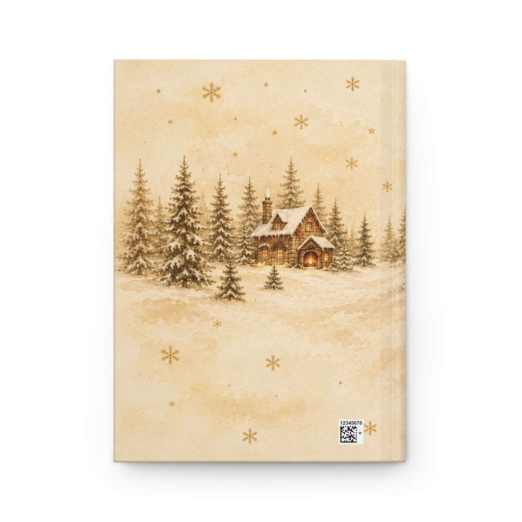 Merry Christmas journal styled on a wooden desk with coffee and pen, flat lay