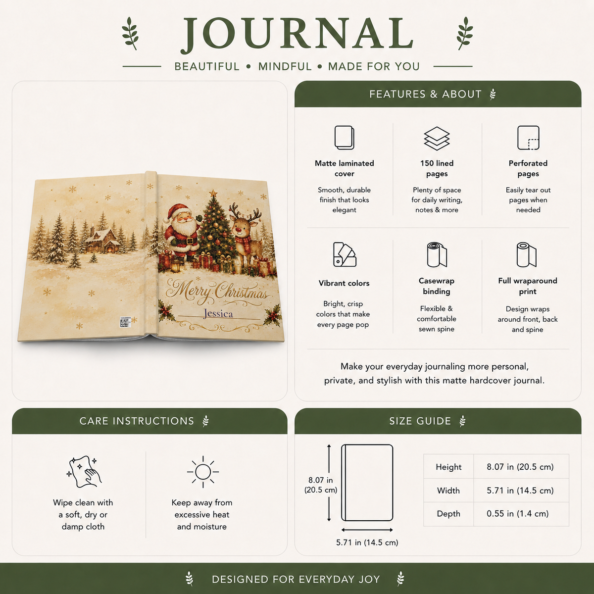 Merry Christmas personalized journal styled near a Christmas tree as a holiday gift