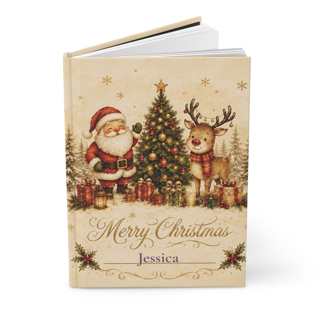 Close-up of the Merry Christmas journal cover showing Santa illustration and personalized name
