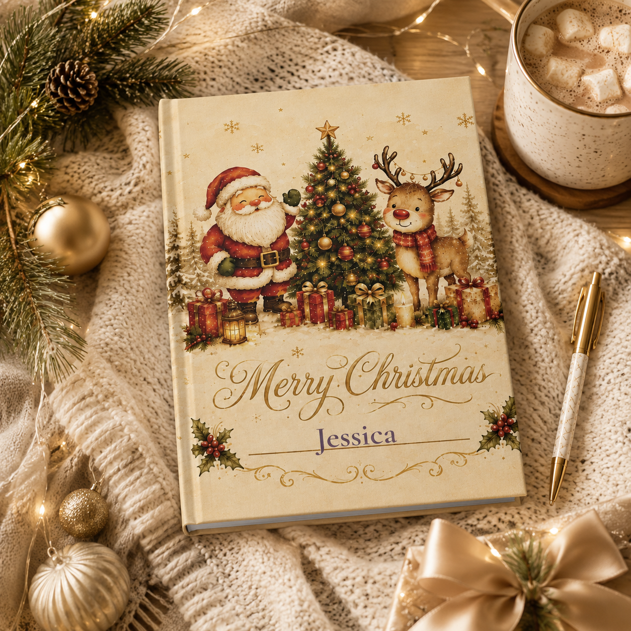 Closed Merry Christmas hardcover journal standing upright showing the spine