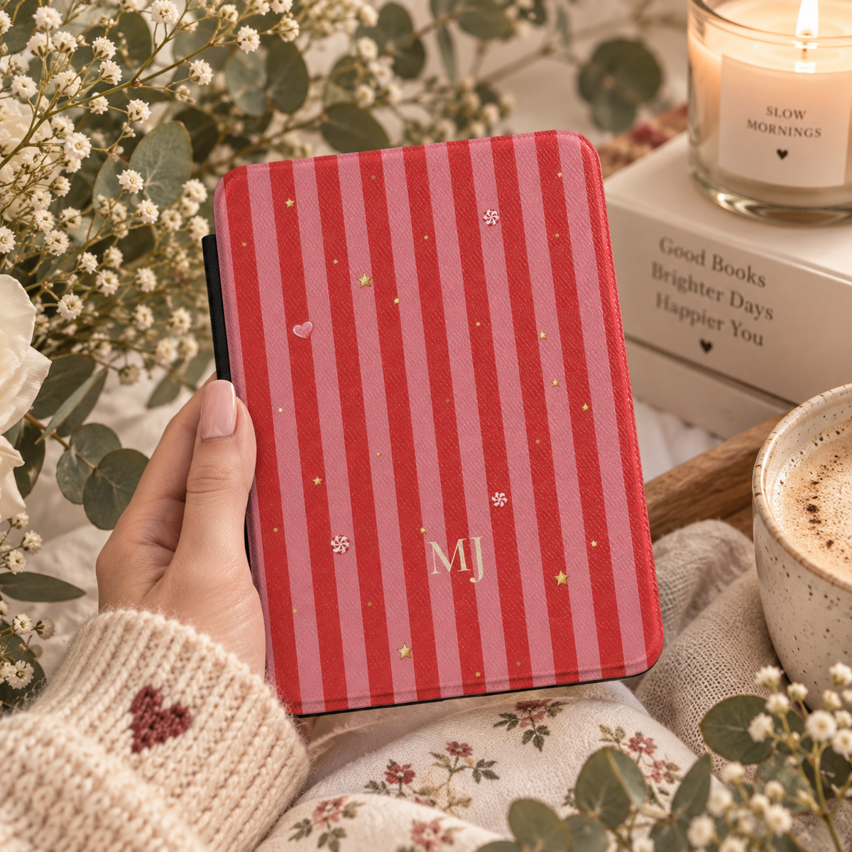 Close-up of the peppermint and star details on the candy stripe Kindle case