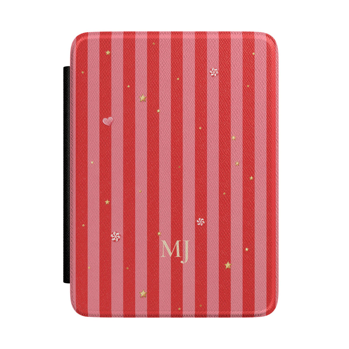 Candy stripe personalized Kindle case with monogram initials, hearts and stars
