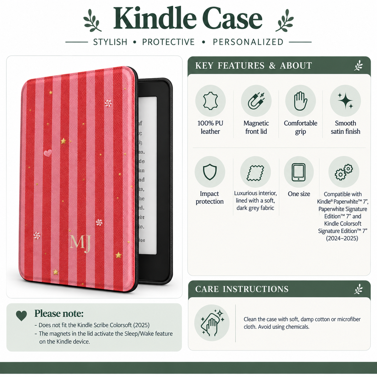 Size and compatibility chart for the monogram candy stripe Kindle case