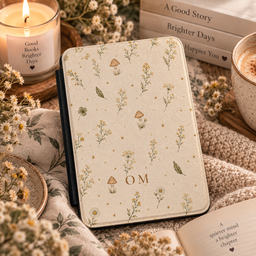 Close-up of the wildflower and mushroom print on the cottagecore Kindle case