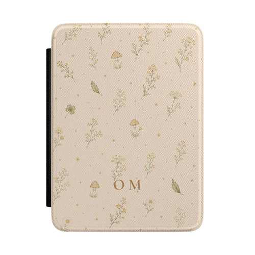 Cottagecore wildflower and mushroom pattern Kindle case with monogram