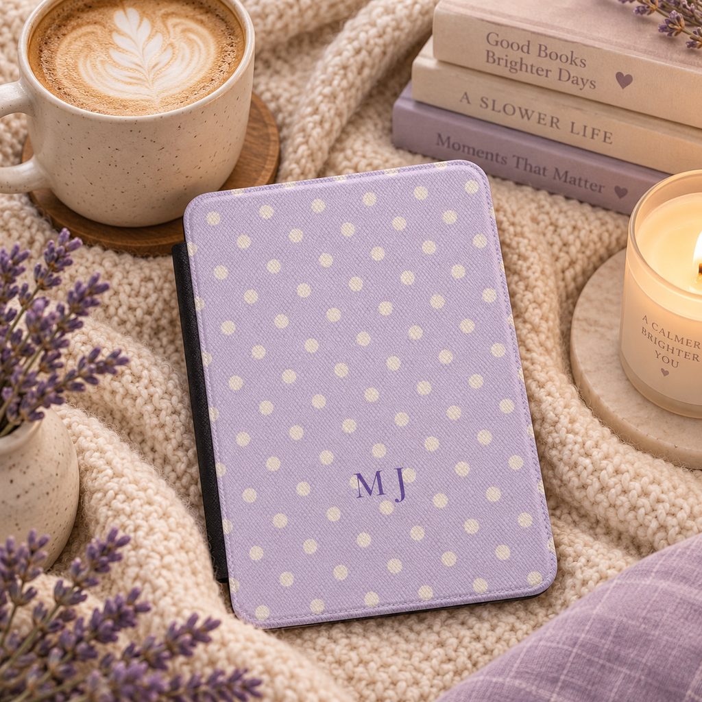 Close-up of the polka dot pattern and monogram lettering