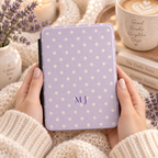 Monogram lavender polka dot Kindle case open showing soft fabric interior lining