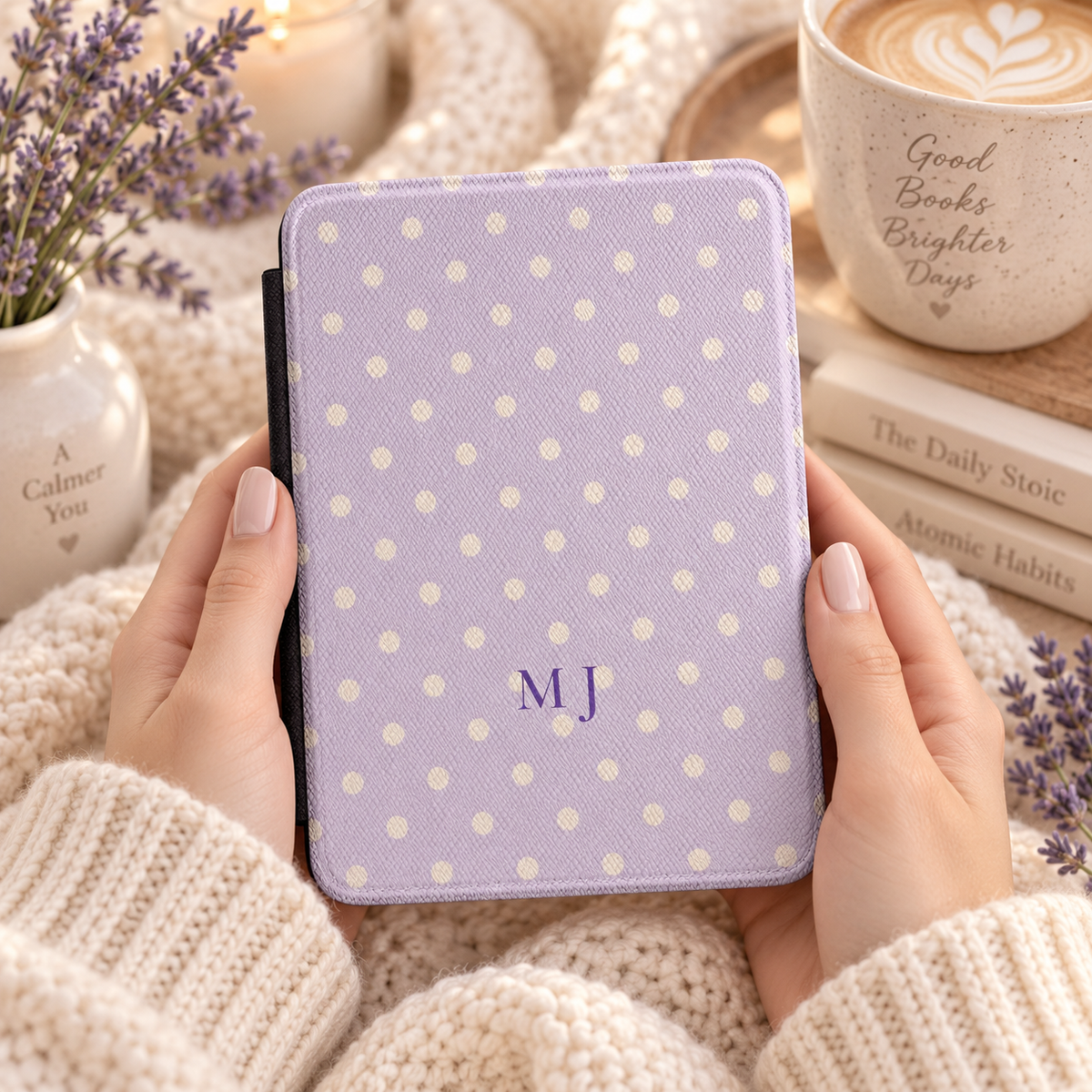 Monogram lavender polka dot Kindle case open showing soft fabric interior lining