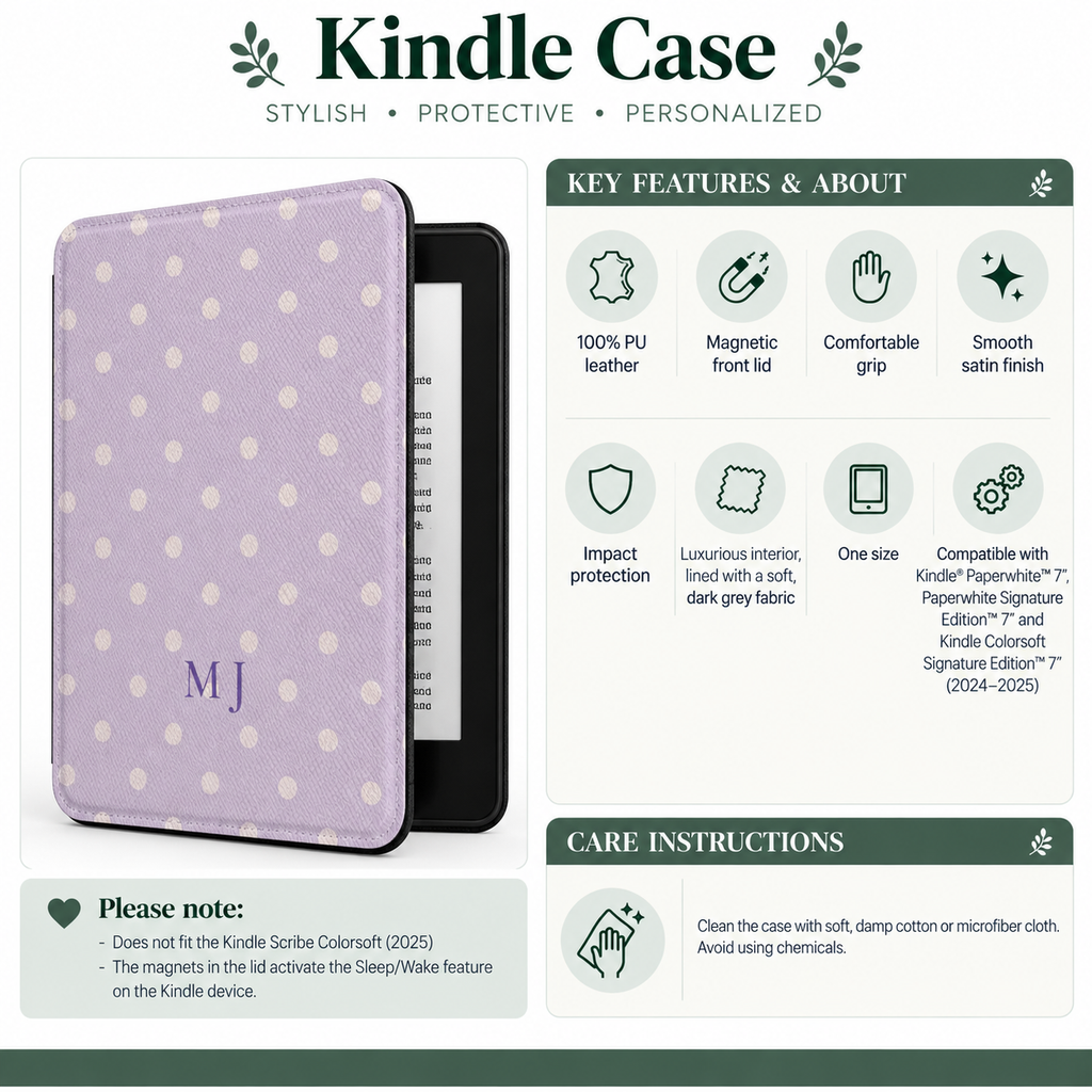 Size and compatibility chart for the monogram lavender polka dot Kindle case