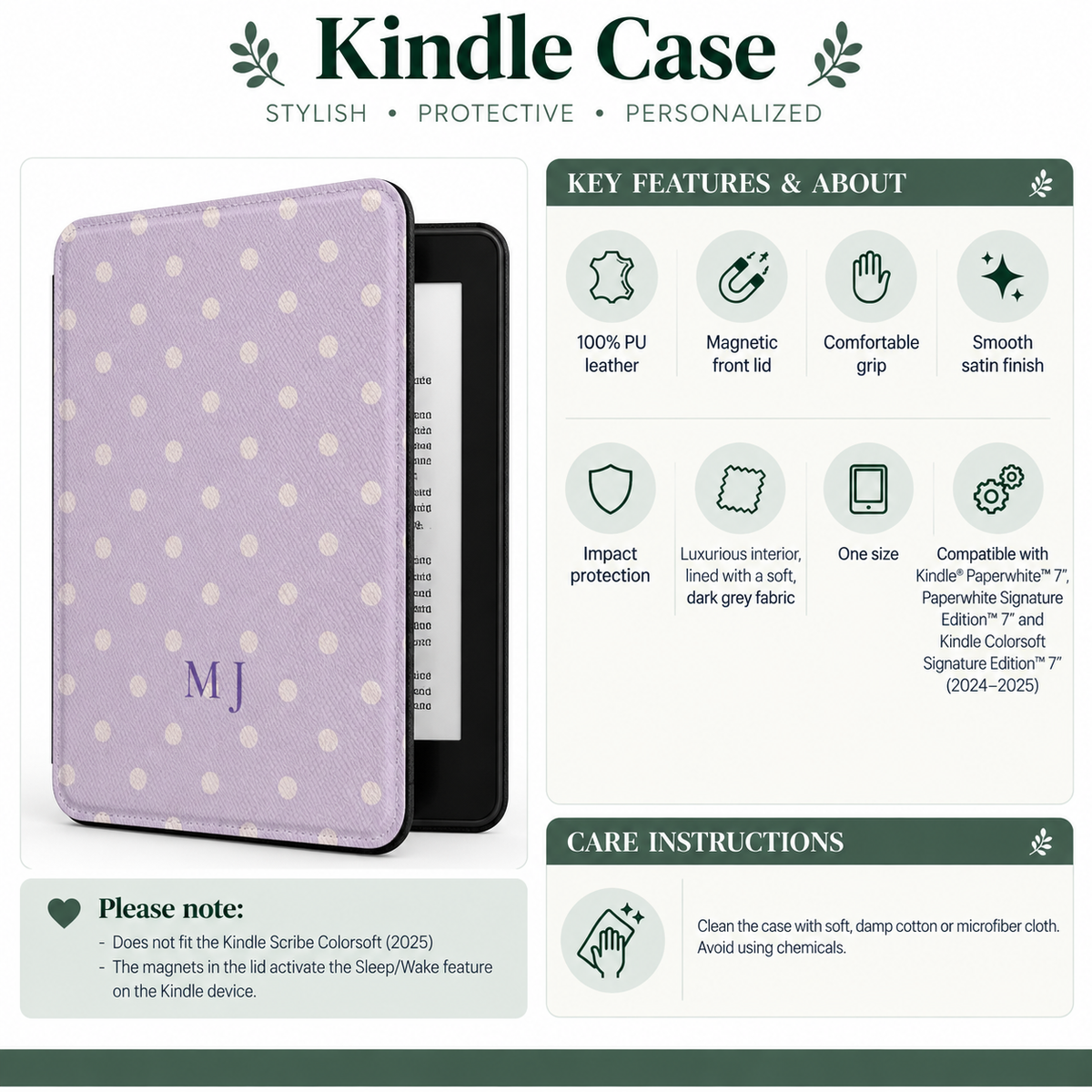 Size and compatibility chart for the monogram lavender polka dot Kindle case