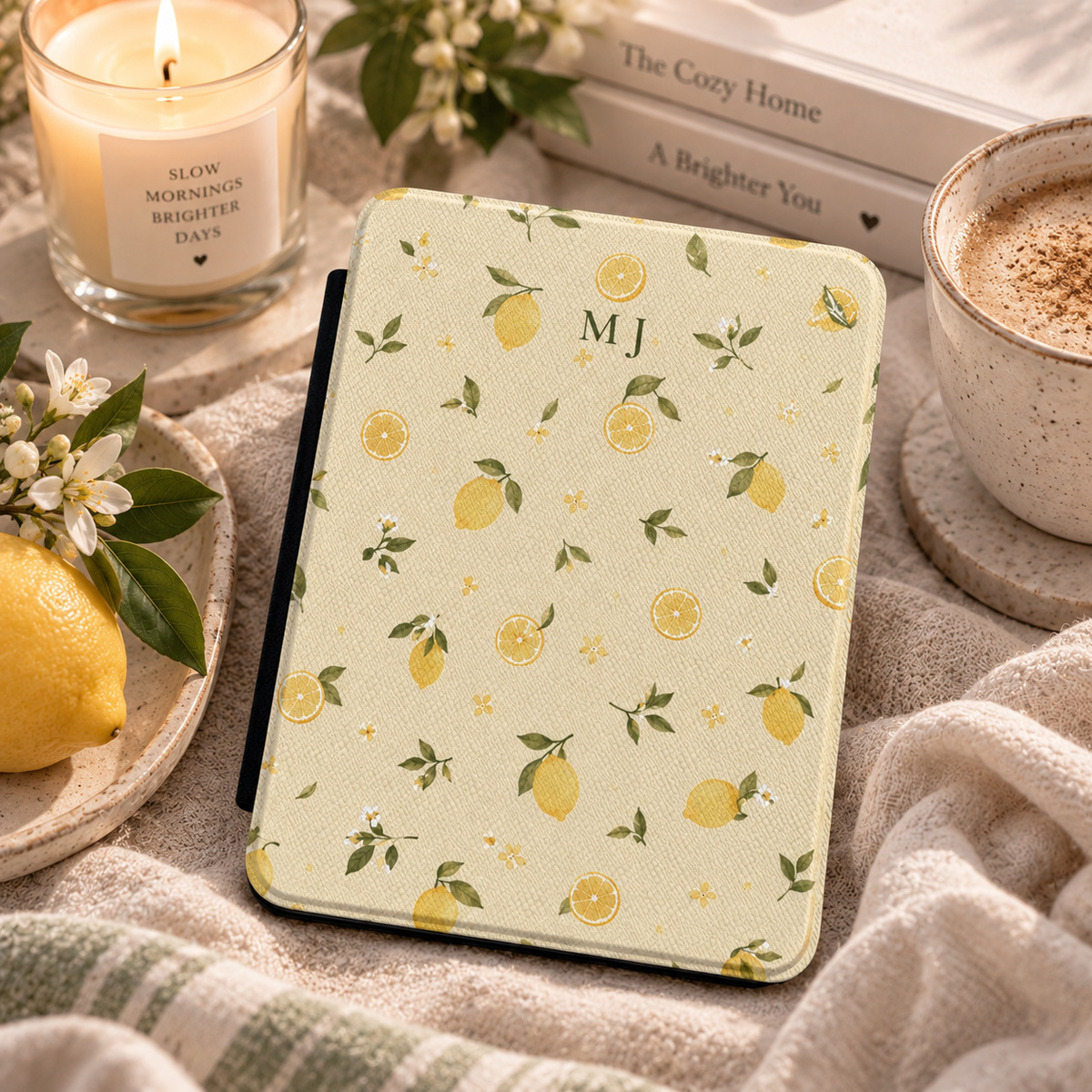 Close-up of the lemon print pattern and monogram lettering