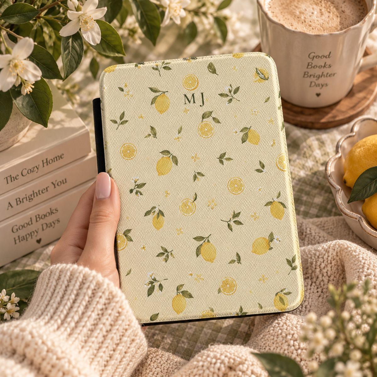 Monogram lemon print Kindle case open showing soft fabric interior lining