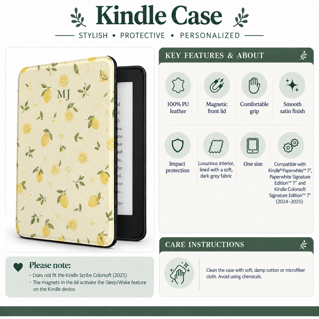 Size and compatibility chart for the monogram lemon print Kindle case