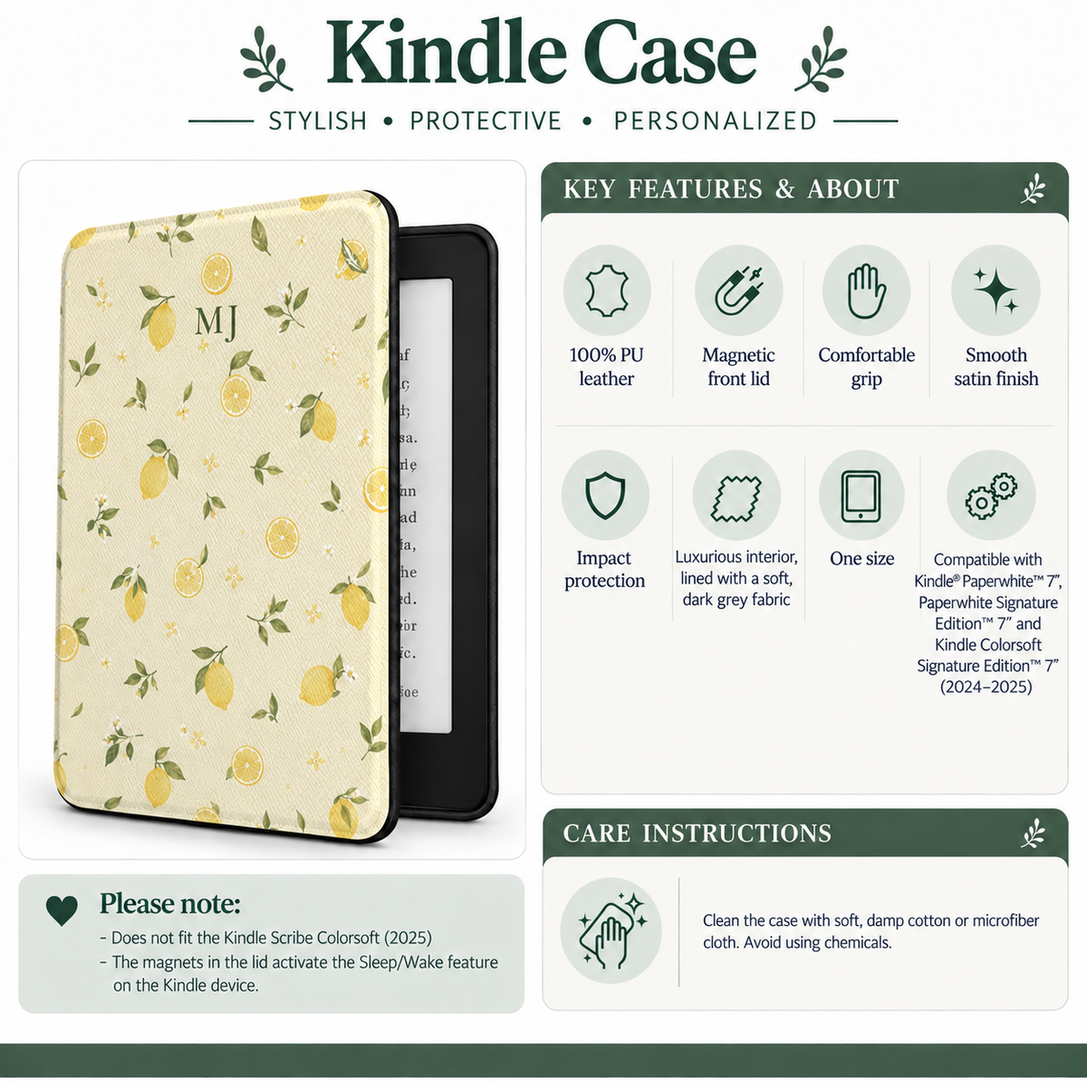 Size and compatibility chart for the monogram lemon print Kindle case