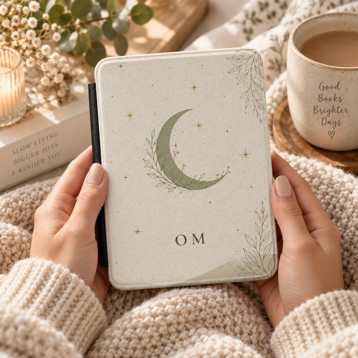 Monogram minimalist moon Kindle case open showing soft fabric interior lining