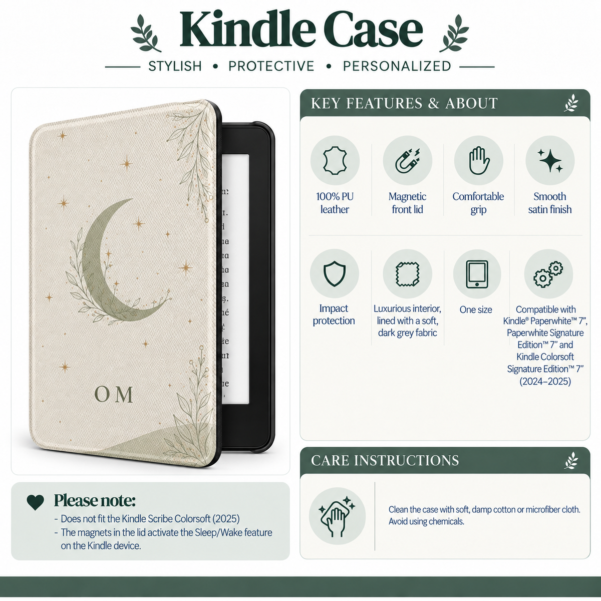 Size and compatibility chart for the monogram minimalist moon Kindle case