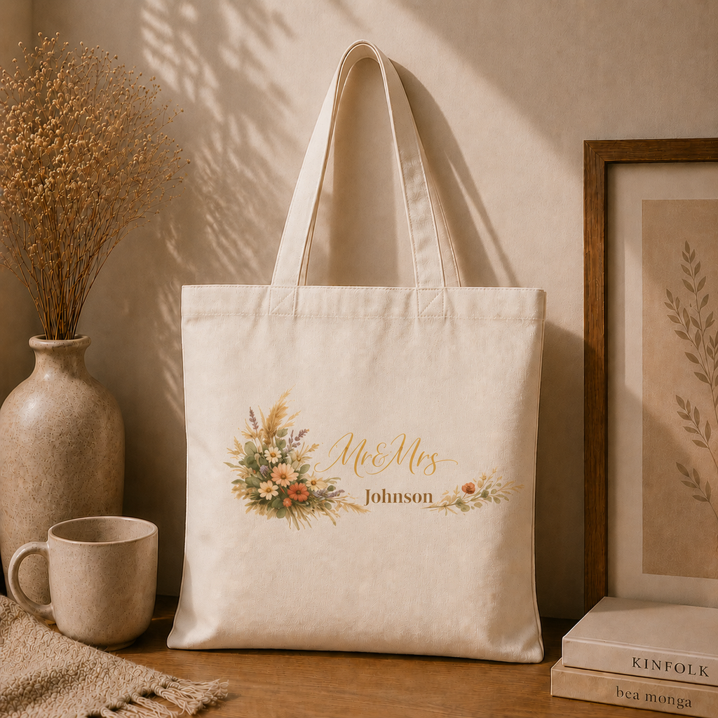 Mr and Mrs wedding personalized tote carried over the shoulder, lifestyle shot