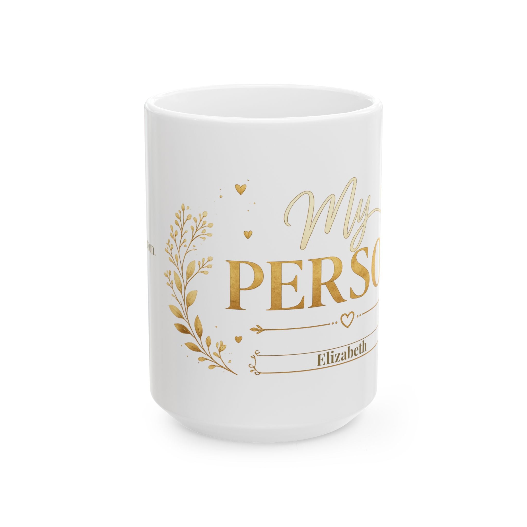 Close-up of gold leaf and heart details on the My Person mug