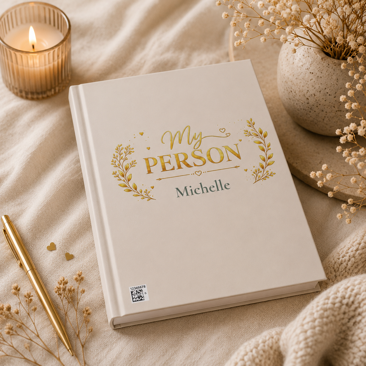 Closed My Person hardcover journal standing upright showing the spine