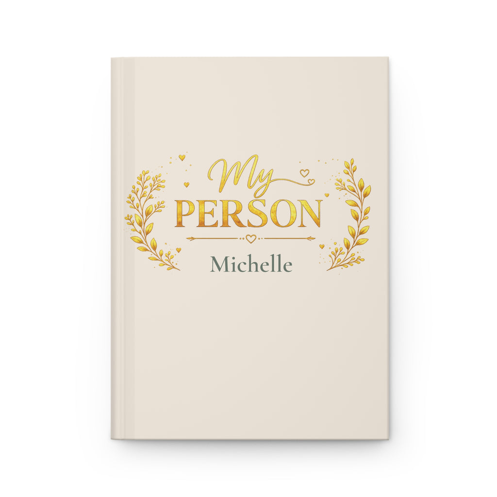 My Person personalized journal open flat showing gold laurel design and custom name