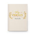 My Person personalized journal open flat showing gold laurel design and custom name