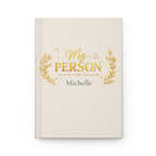 My Person personalized journal open flat showing gold laurel design and custom name