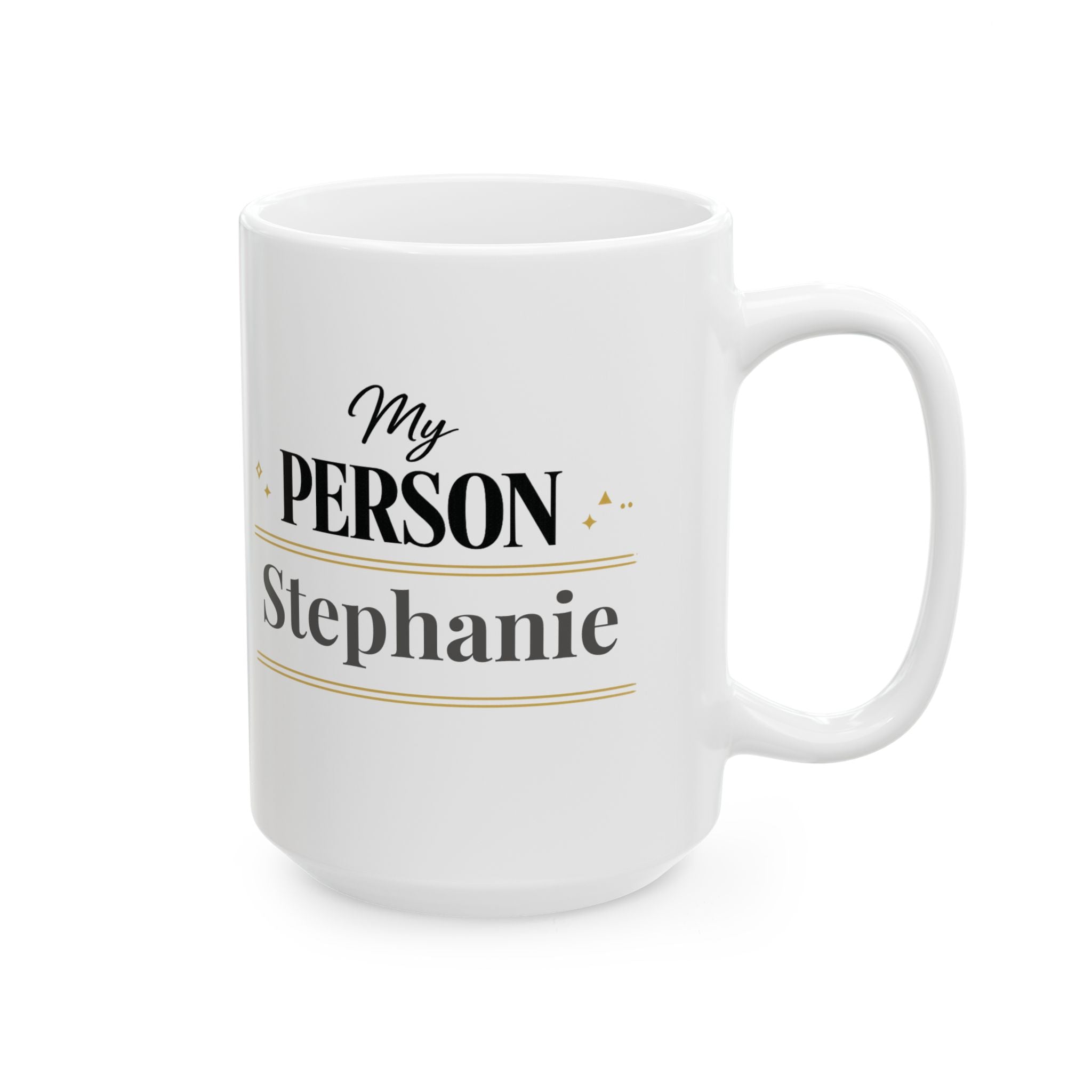 Close-up of the My Person mug typography and gold rules