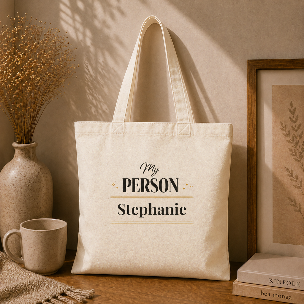 My Person sparkle personalized tote carried over the shoulder, lifestyle shot