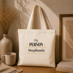 My Person sparkle personalized tote carried over the shoulder, lifestyle shot