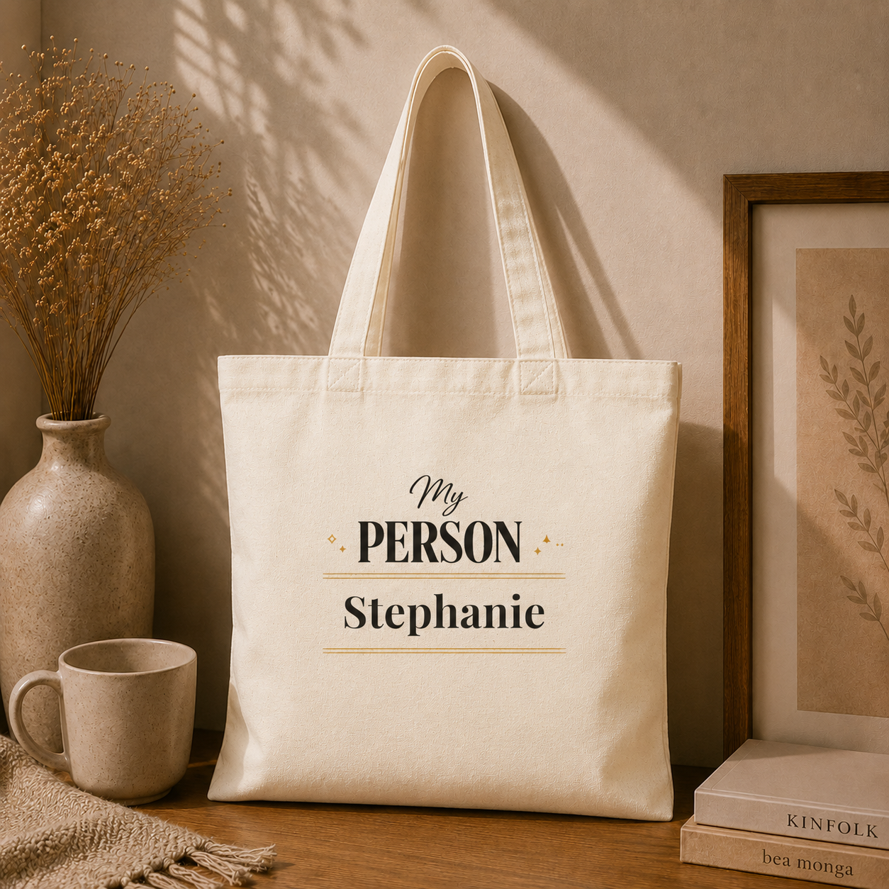 My Person sparkle personalized tote carried over the shoulder, lifestyle shot