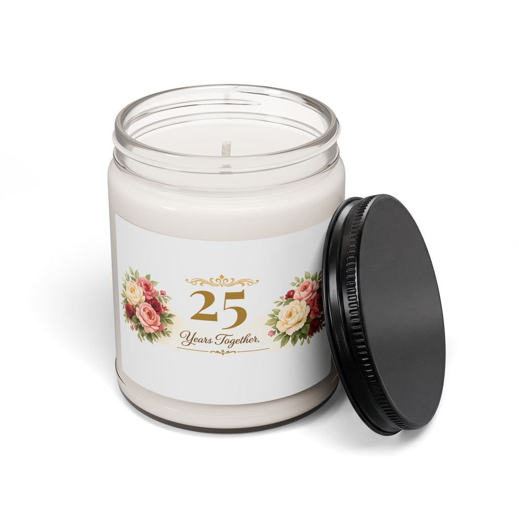 Close-up of the 25 Years Together candle label showing the rose detail