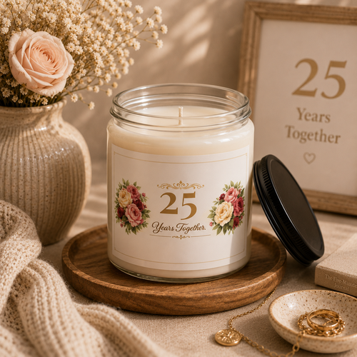 Personalized 25th anniversary candle shown on a table as part of home decor