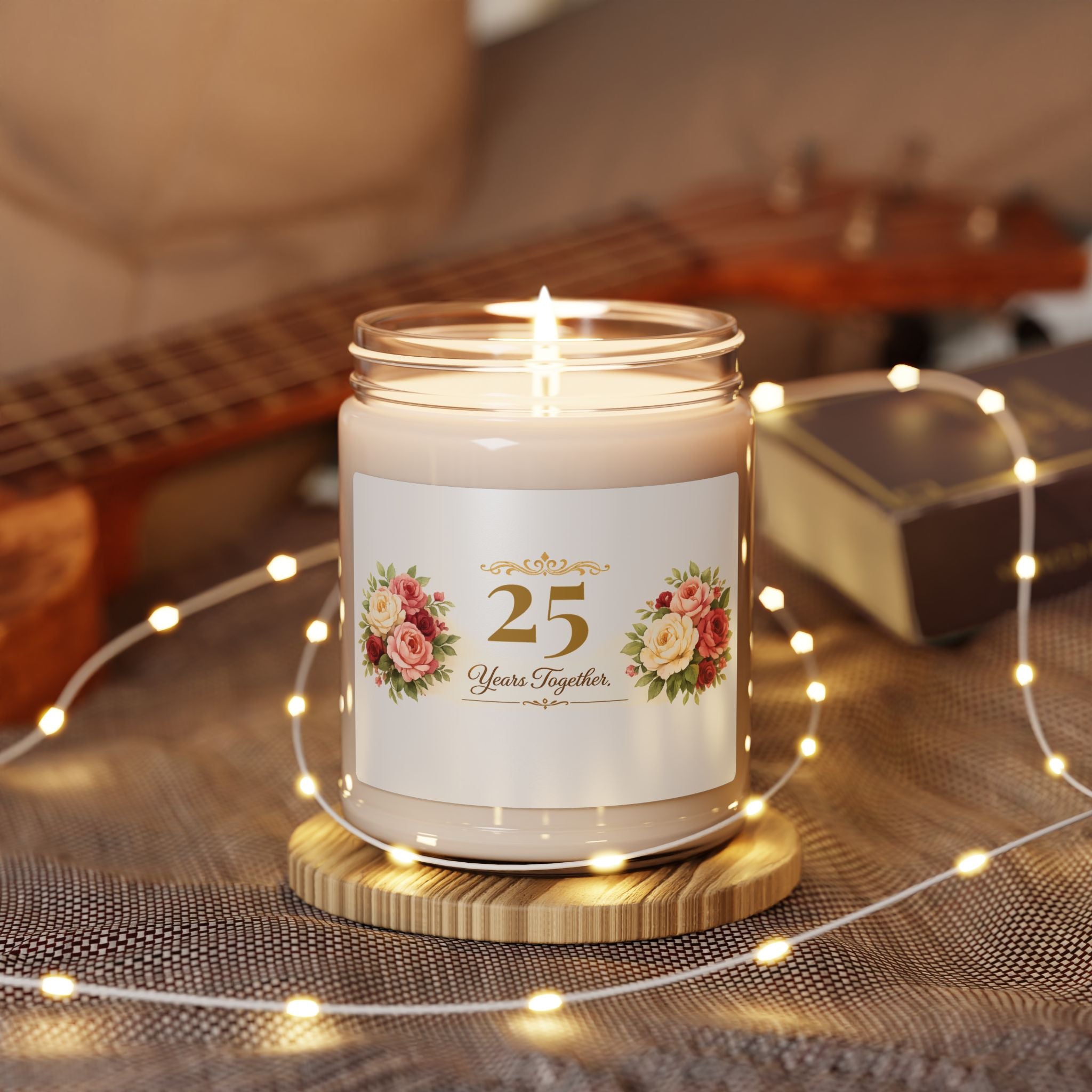 Personalized anniversary candle displayed in a cozy living room setting