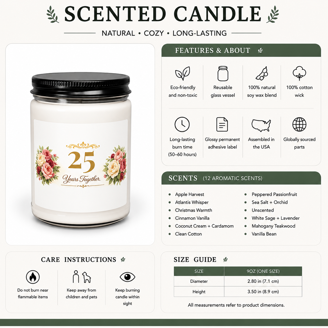 Personalized anniversary candle lit, showing the soft glow of the flame