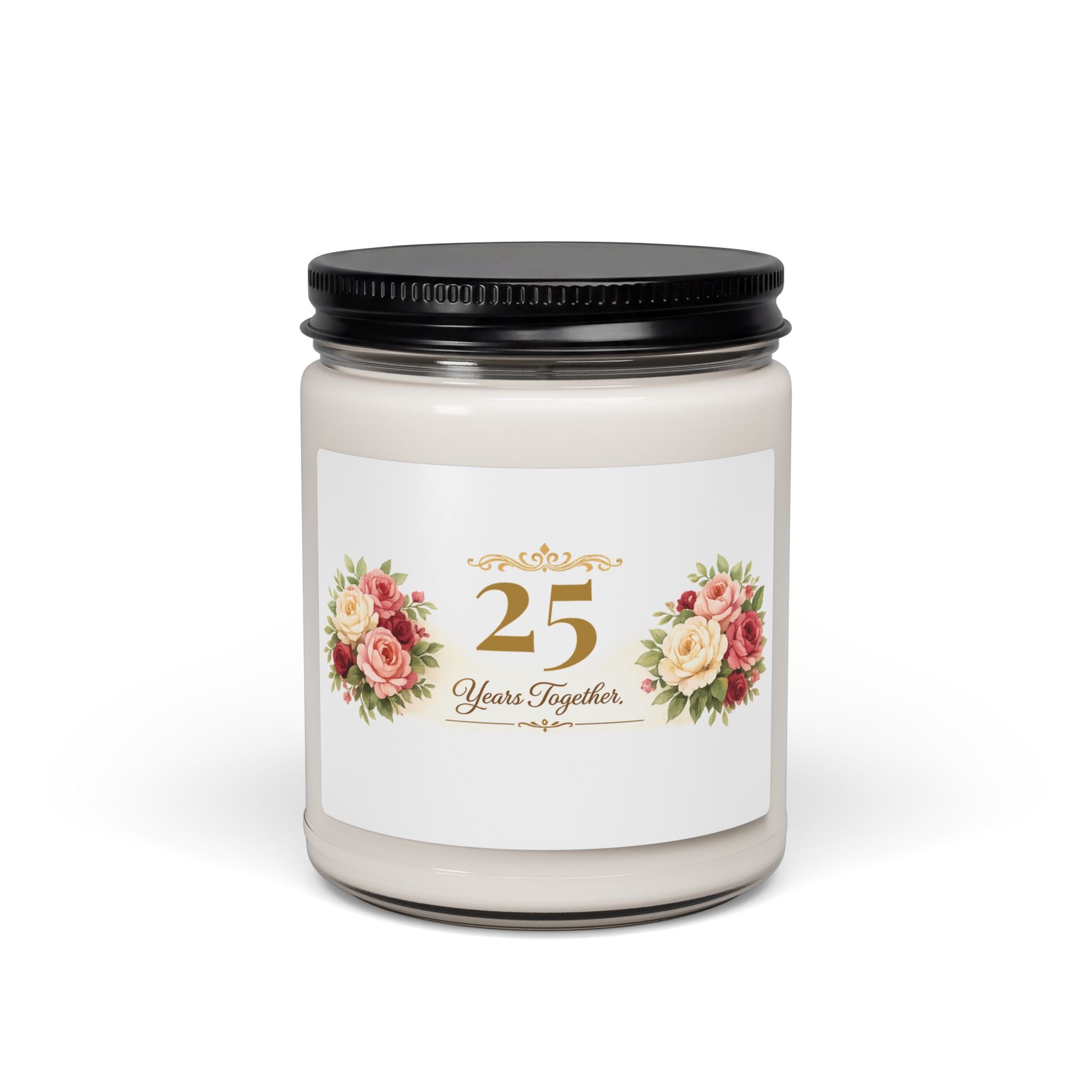 Personalized 25 Years Together anniversary soy candle with rose design