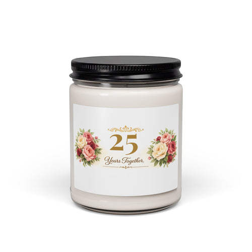 Personalized 25 Years Together anniversary soy candle with rose design