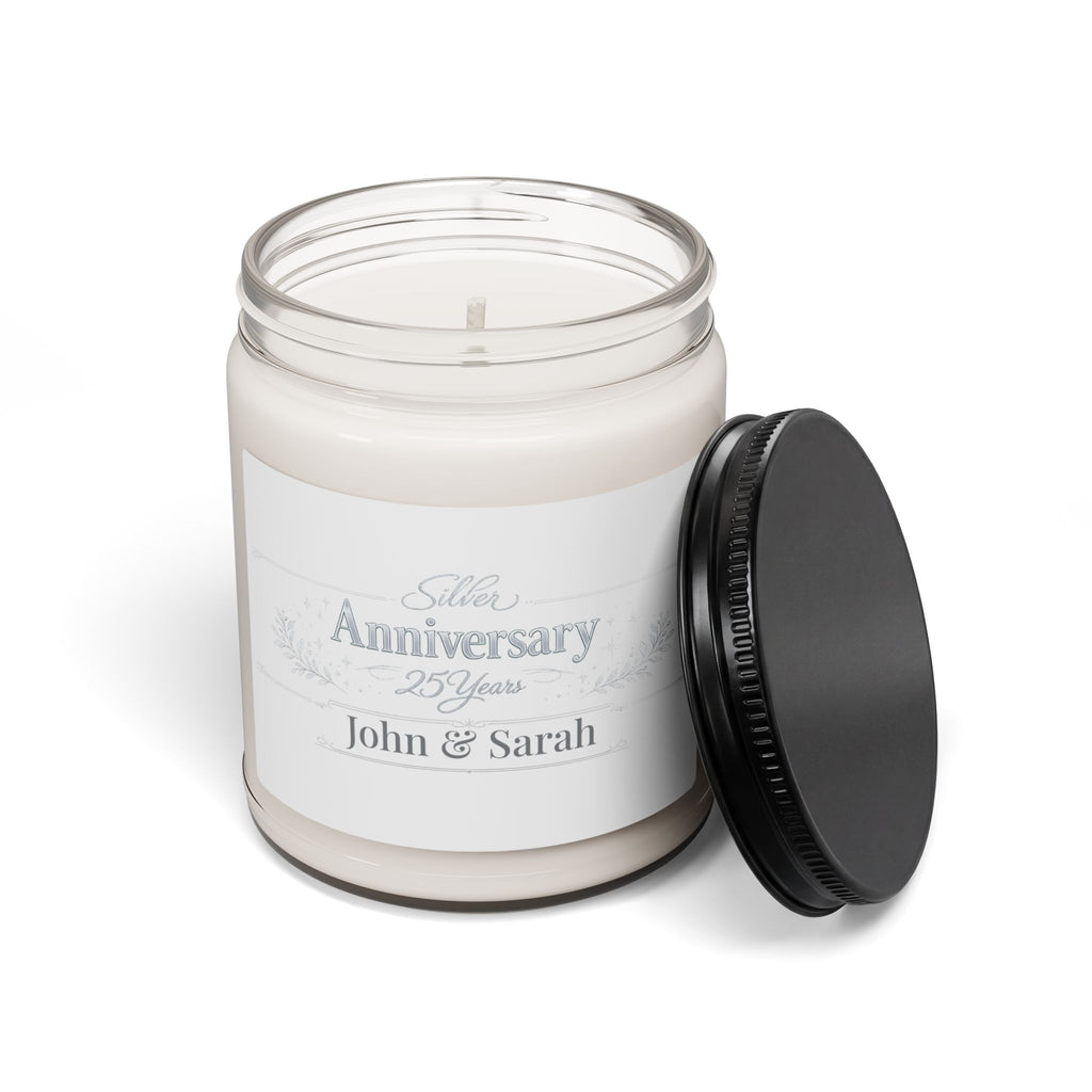 Close-up of the Silver Anniversary candle label showing the custom names detail